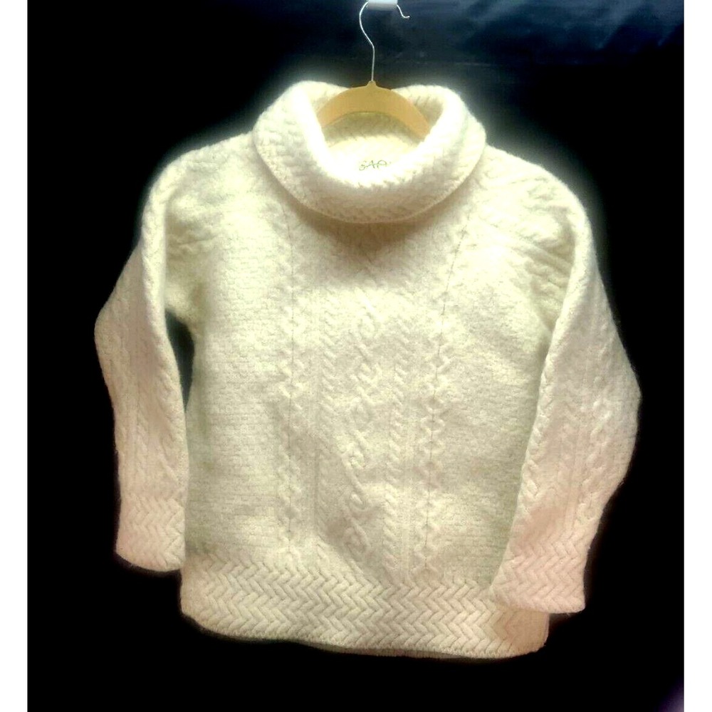 Saol Aran Merino Wool cream Knit Sweater Ireland XL Fair Isle Nordic SHRUNK READ